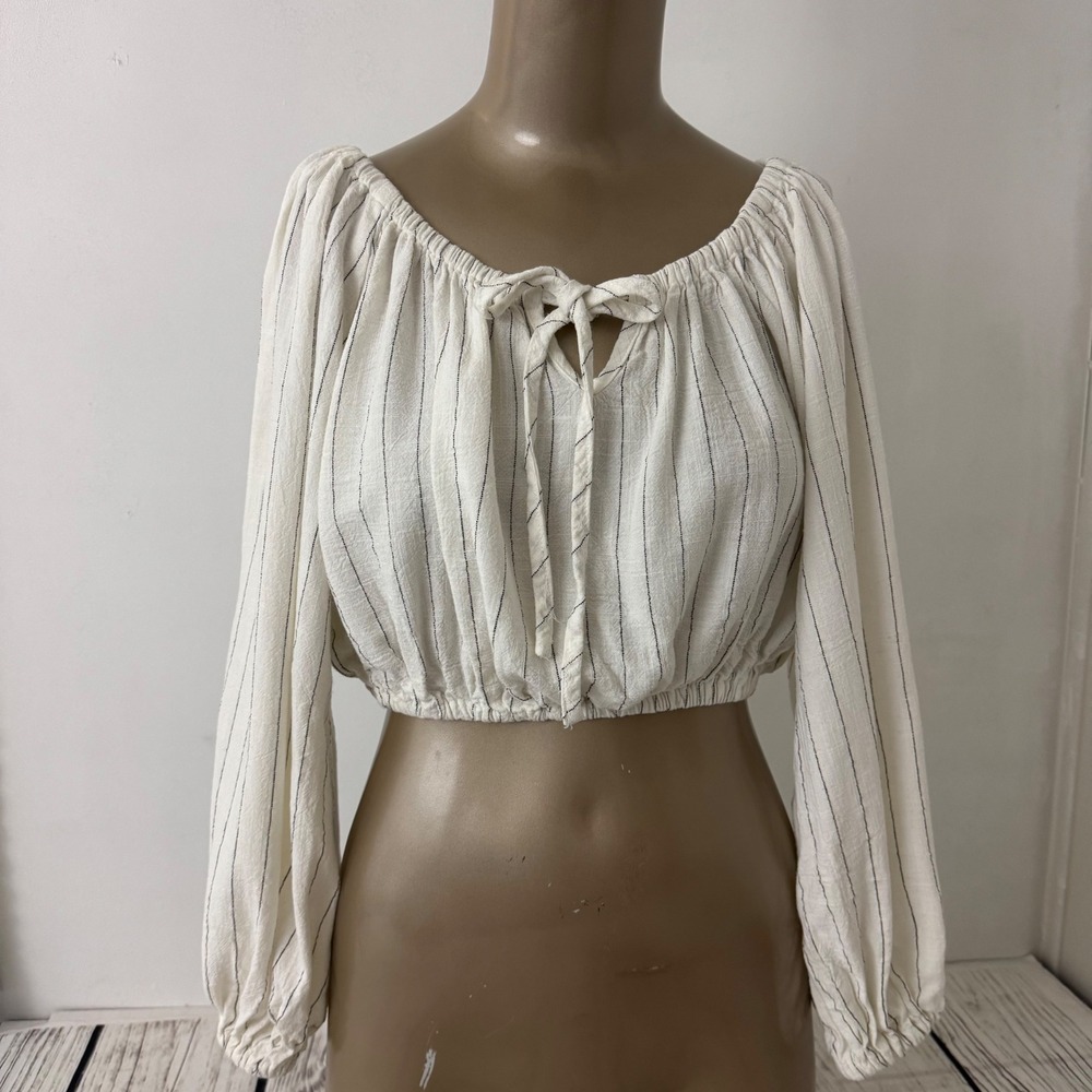Vici Cream Pinstripe Linen Blend Crop Top Peasant Balloon Sleeve Tie S Boho